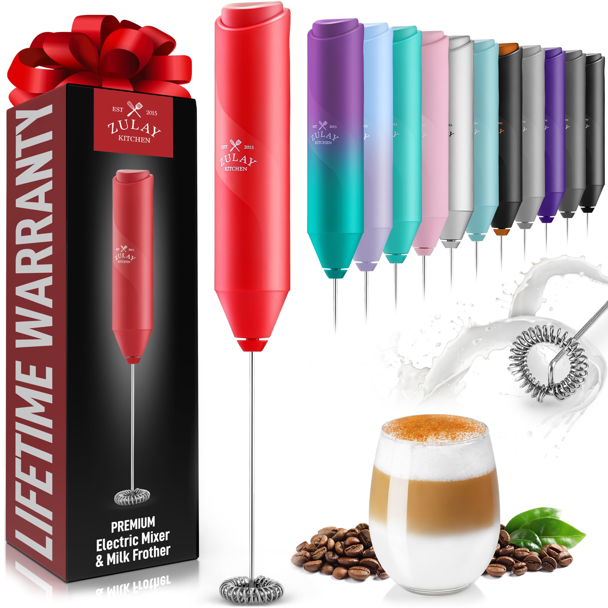 Zulay FrothMate Powerful Milk Frother for Coffee - Portable & Compact Handheld Foam Maker for Lattes, Cappuccinos, Matcha, Hot Chocolate - Milk Foamer Frother - No Stand Electric Whisk (Cherry Red)