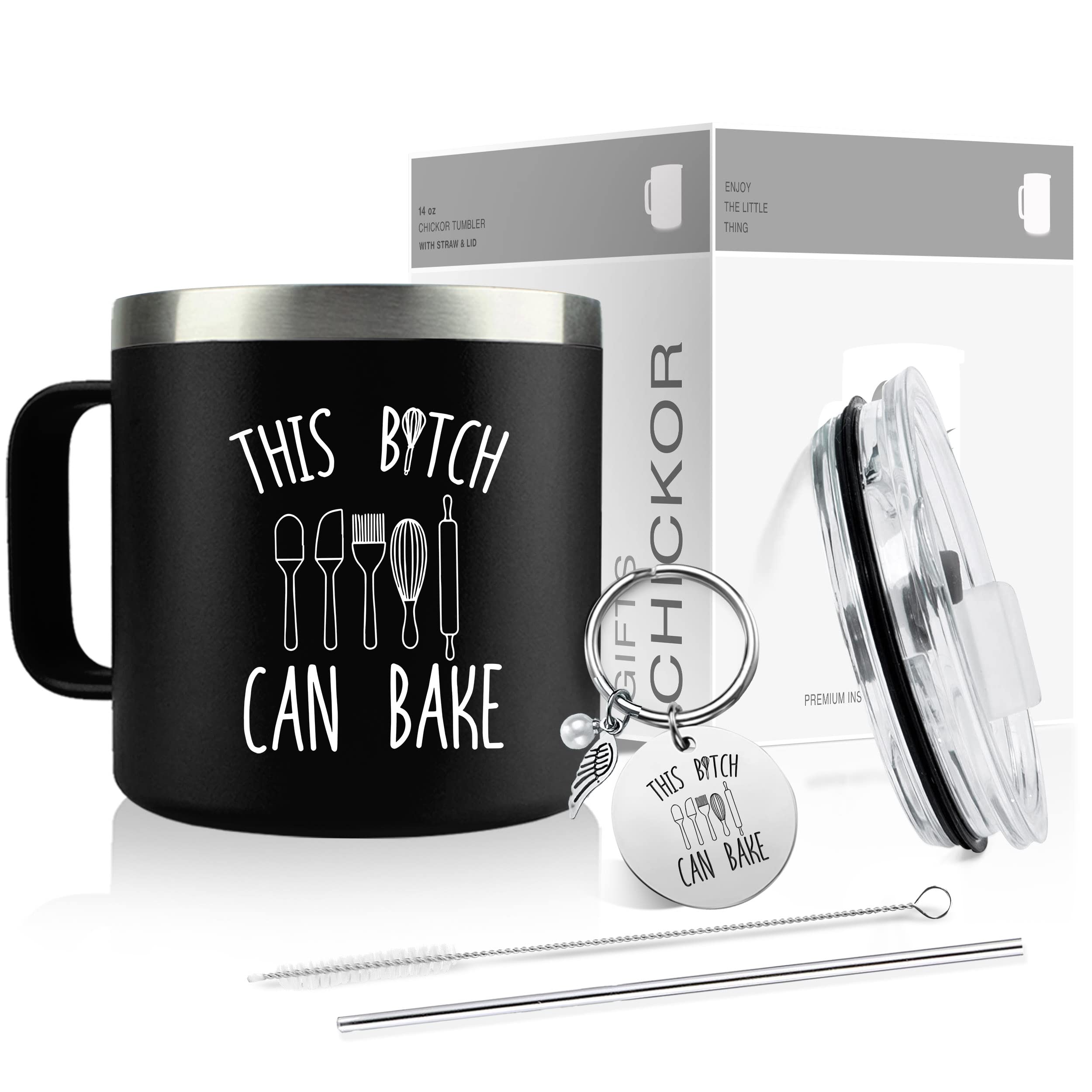 CHICKOR Gifts For Baker, Funny Baking Gifts for Girls, Women Who Love To Bake, Best Friend Bakers Gifts - 14oz Coffee Mug/Tumbler Set With Straw Andg/Baking Keychain