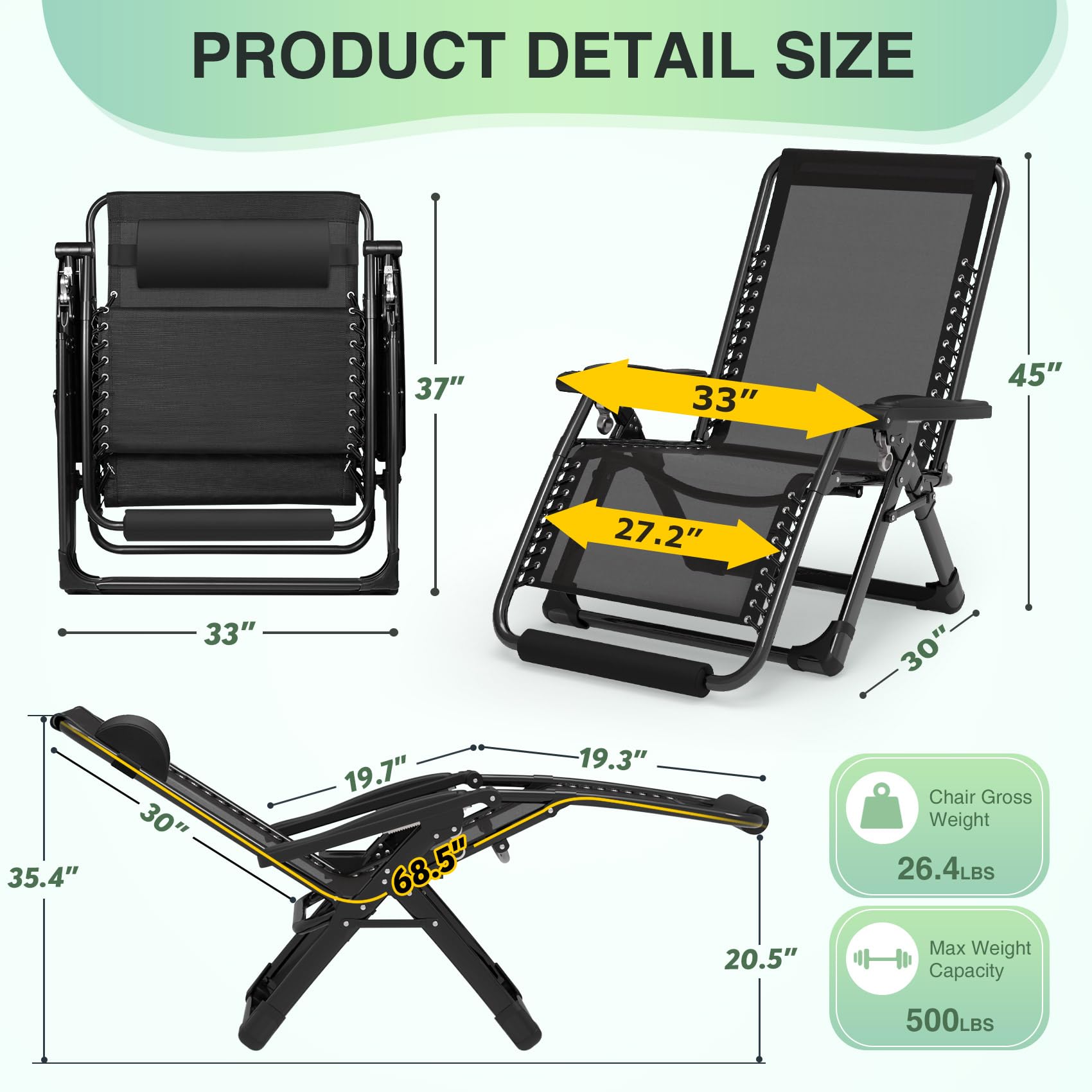 Suteck Oversized Zero Gravity Chair,33In XXL Lounge Chair w/Removable Cushion&Headrest, Reclining Camping Chair w/Upgraded Lock and Footrest, Reclining Patio Chairs Recliner for Indoor Outdoor,500LBS