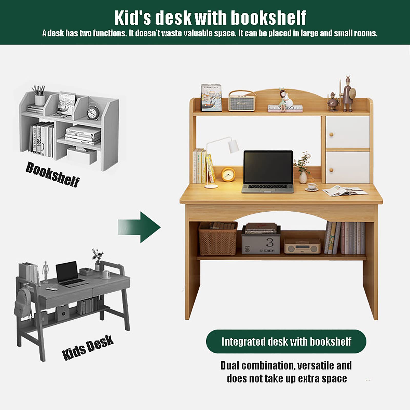 QQXXWood Study Desk with Chair and Bookshelf,k-i*ds Desk and Chair Set, Study Table Teenager Desk,Wooden Computer Desk with Hutch,Cute Writing Table for Girls Boys,Modern Office Desk