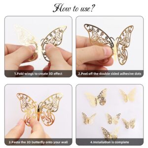 144 Pcs Gold Butterfly Wall Decor, Butterfly Cake Toppers 3D Butterfly Stickers 6 Styles and 3 Sizes, Removable Mural Stickers Decorative Butterflies Metallic Butterfly Decorations for Walls