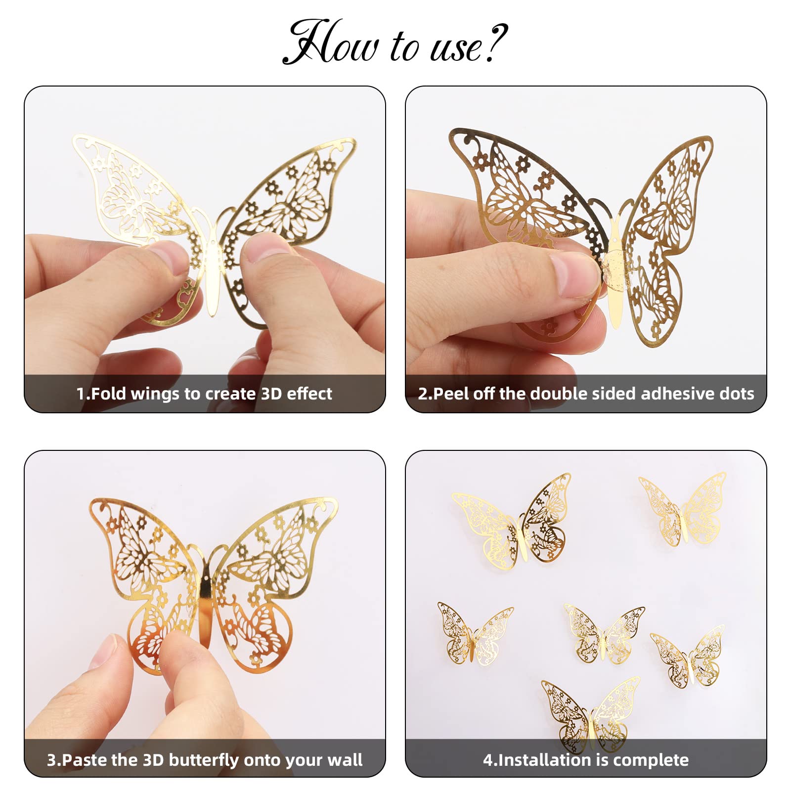 144 Pcs Gold Butterfly Wall Decor, Butterfly Cake Toppers 3D Butterfly Stickers 6 Styles and 3 Sizes, Removable Mural Stickers Decorative Butterflies Metallic Butterfly Decorations for Walls