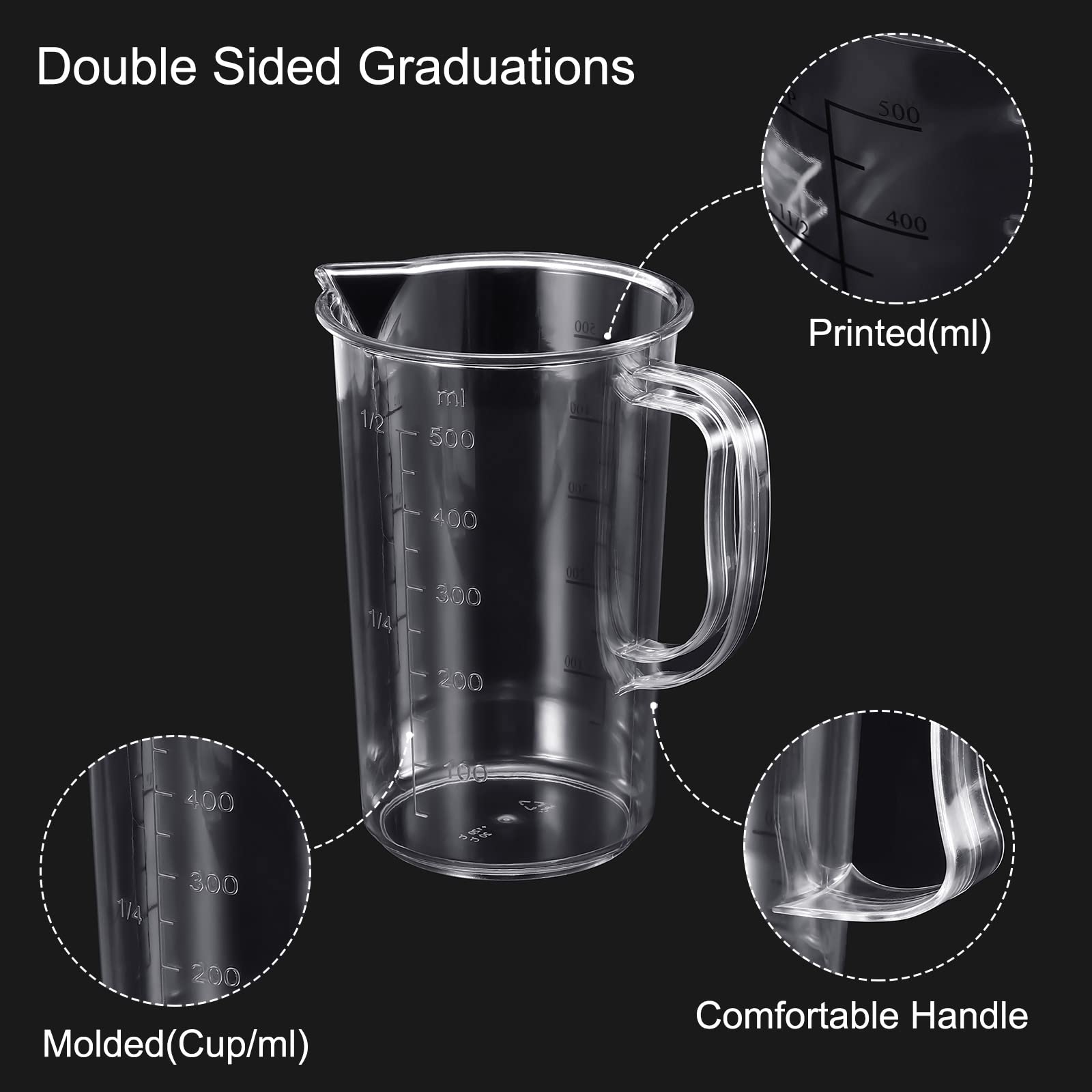 PATIKIL Graduated Beaker, 500ml PC Plastic Liquid Measuring Cup Double Sided Graduations with Handle and Spout for Lab Kitchen Home