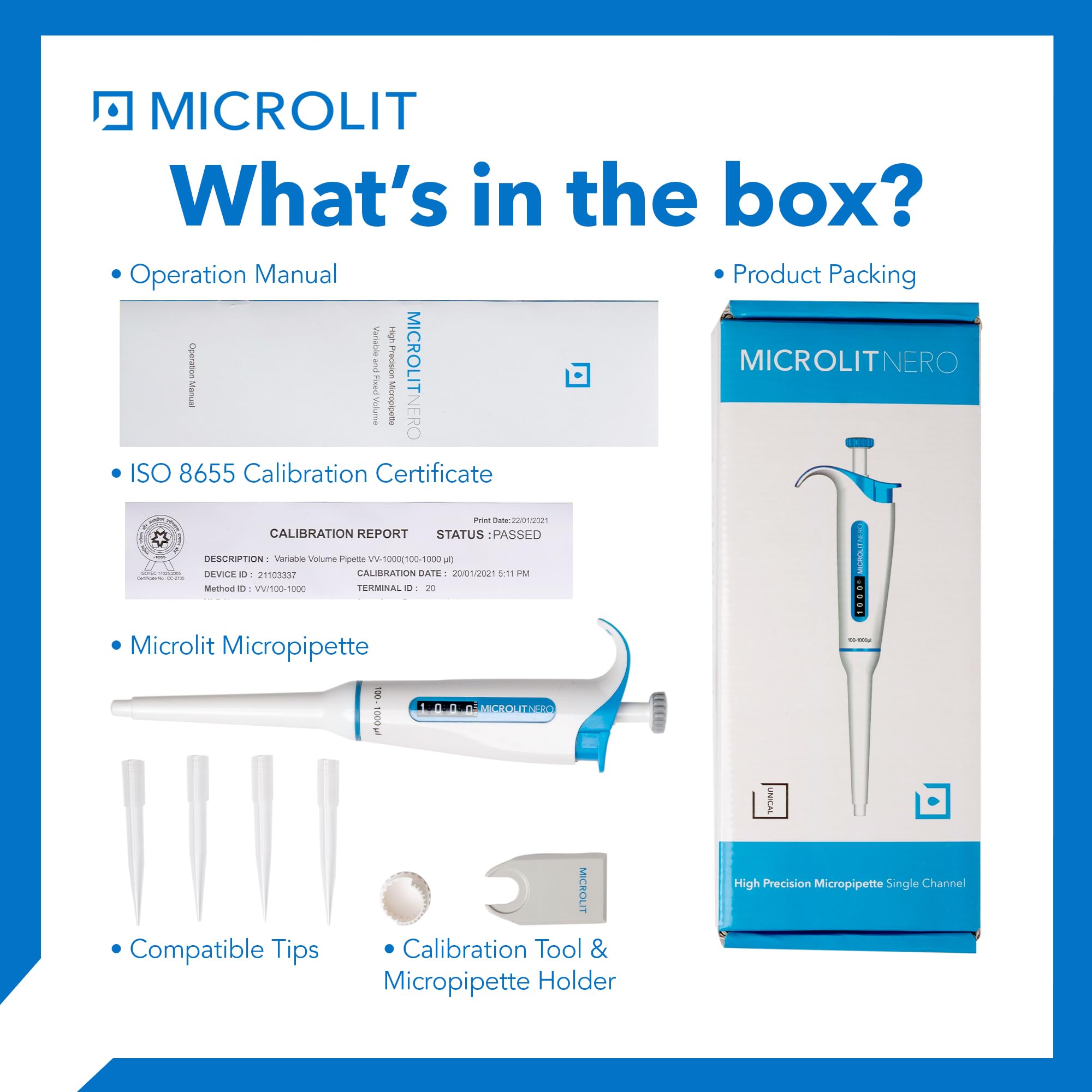 Nero Ergonomic Micropipette - Single Channel Pipettors with Adjustable Volume, Accurate and Calibrated Lab Pipettes, Fully Autoclavable Pipettor, 100-1000ul