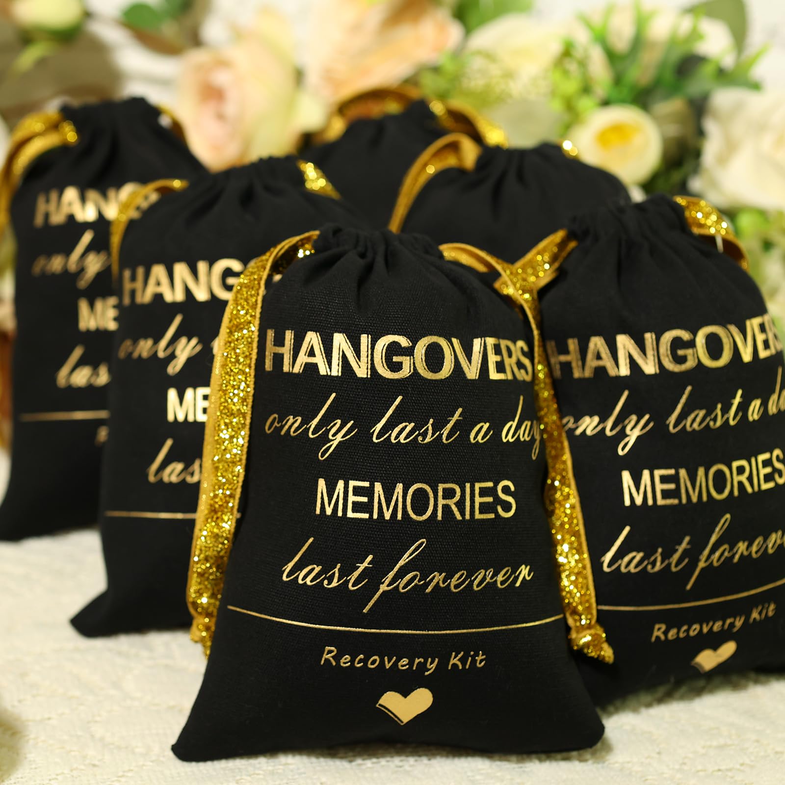 SHERWAY Gold Foil Wedding Bachelorettes Hangover Kit Bags Drawstring Bags, Wedding Bridal Shower Party Favor Bags for Bridesmaid Gift (10pcs, Black, 5 x 7 Inch)