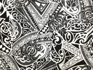 black and white tribal with honu (turtle) hawaiian print poly cotton fabric sold by the yard