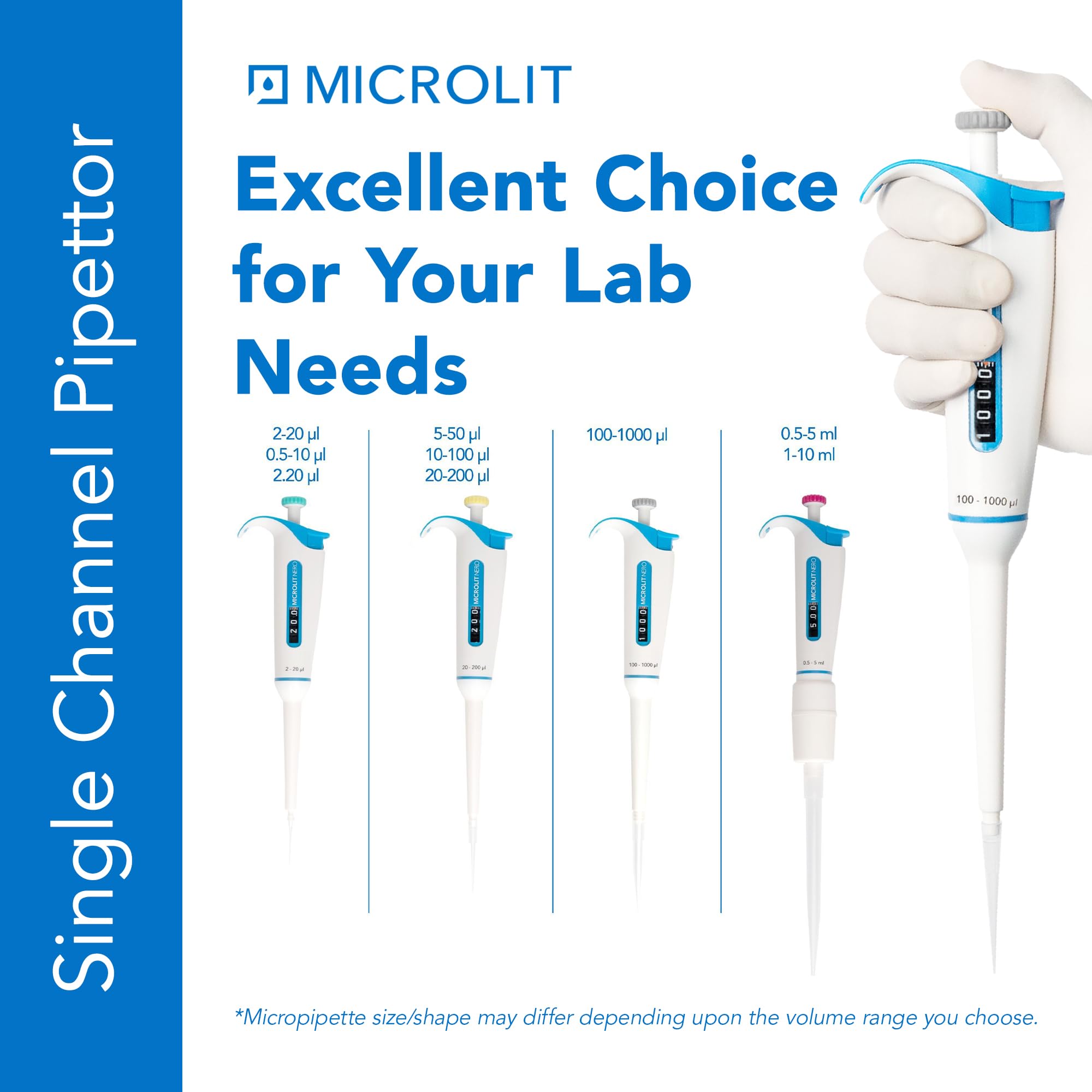 Nero Ergonomic Micropipette - Single Channel Pipettors with Adjustable Volume, Accurate and Calibrated Lab Pipettes, Fully Autoclavable Pipettor, 100-1000ul