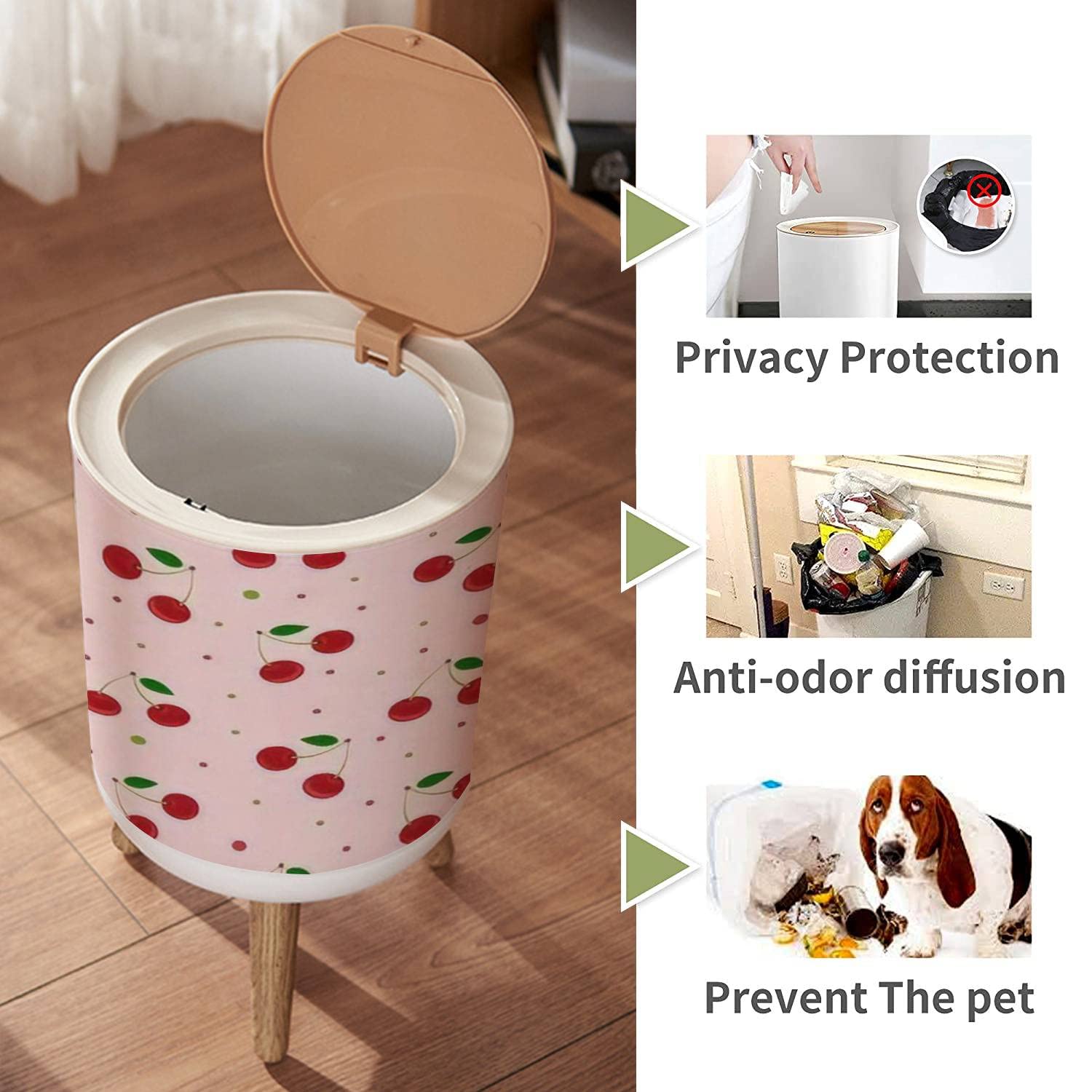 Small Trash Can with Lid for Bathroom Kitchen Office Diaper Seamless red cherries a green leaf Pink dots Summer cherry berries Bedroom Garbage Trash Bin Dog Proof Waste Basket Cute Decorative