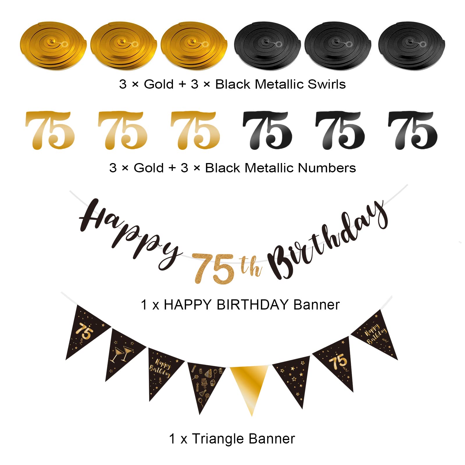 75th Birthday Decoration Kit, Happy 75th Birthday Banner Bunting Swirls Streamers, Triangle Flag Banner for Birthday Party Decorations Supplies Black and Gold 75th