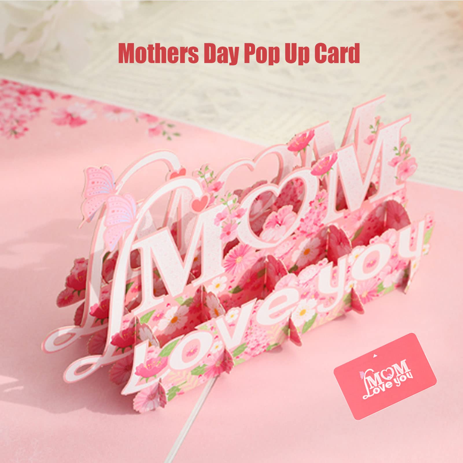 Wazoci Happy Mothers Day Pop Up Card with Envelope, Mother's Day Card for Mom, Happy Birthday Mom Card, 3d Love You Mom Card for Wife, Grandma, Her, Daughter (Pink)