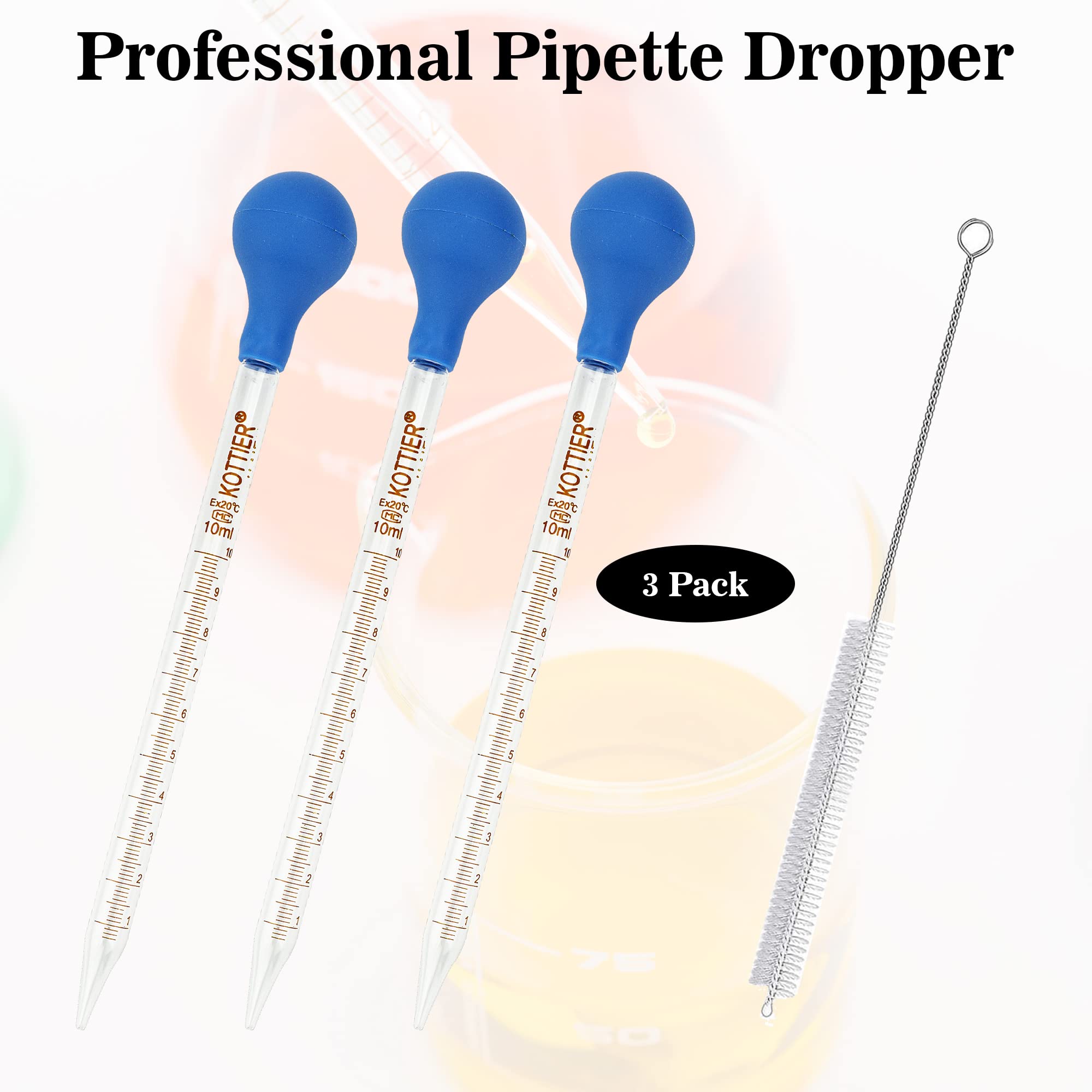 3Pcs Glass Pipettes Dropper, 10ml Graduated Liquid Dropper with Rubber Bulb and Cleaning Brush, Transfer Pipettes for Essential Oil