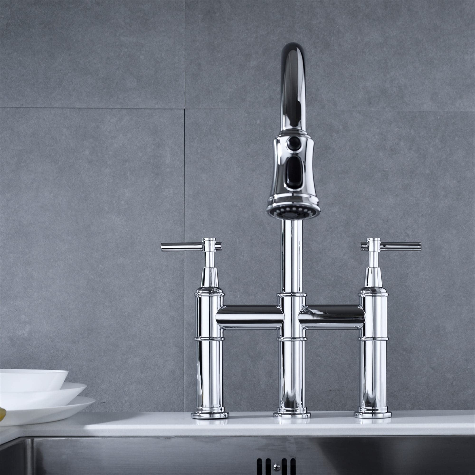 Bridge Kitchen Faucet with Pull-Down Sprayhead Chrome Chrome Finish