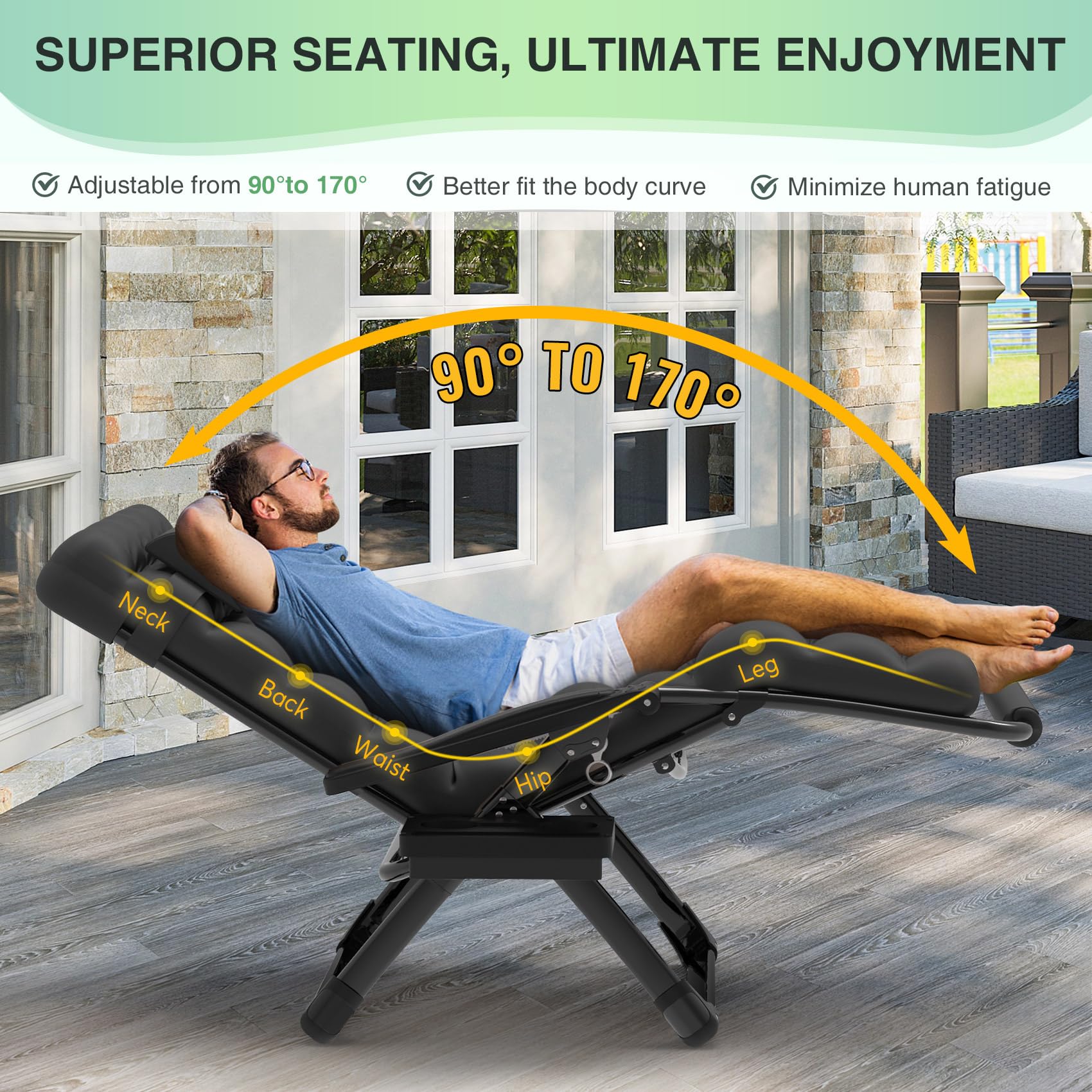 Suteck Oversized Zero Gravity Chair,33In XXL Lounge Chair w/Removable Cushion&Headrest, Reclining Camping Chair w/Upgraded Lock and Footrest, Reclining Patio Chairs Recliner for Indoor Outdoor,500LBS