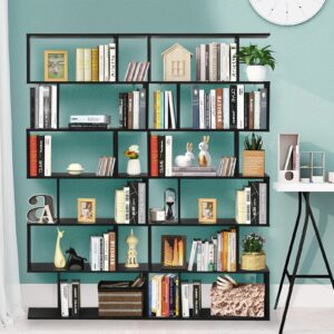 IFANNY 6 Tier Bookshelf, S Shaped Bookcase w/Staggered Storage Shelves, Display Shelf and Room Divider, Librero para Habitacion, Book Shelf for Bedroom, Living Room, Home Office (Black)