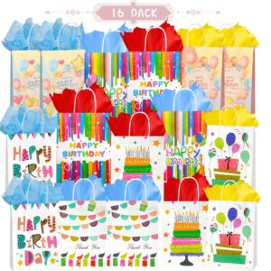 Colodeol 16 PCS Birthday Gift Bags with Handle and Tissues, Gift Bags Assorted Sizes, Medium, Small Size Gift Bag for Kids, Boys, Girls, Women and Men’ Birthdays Party