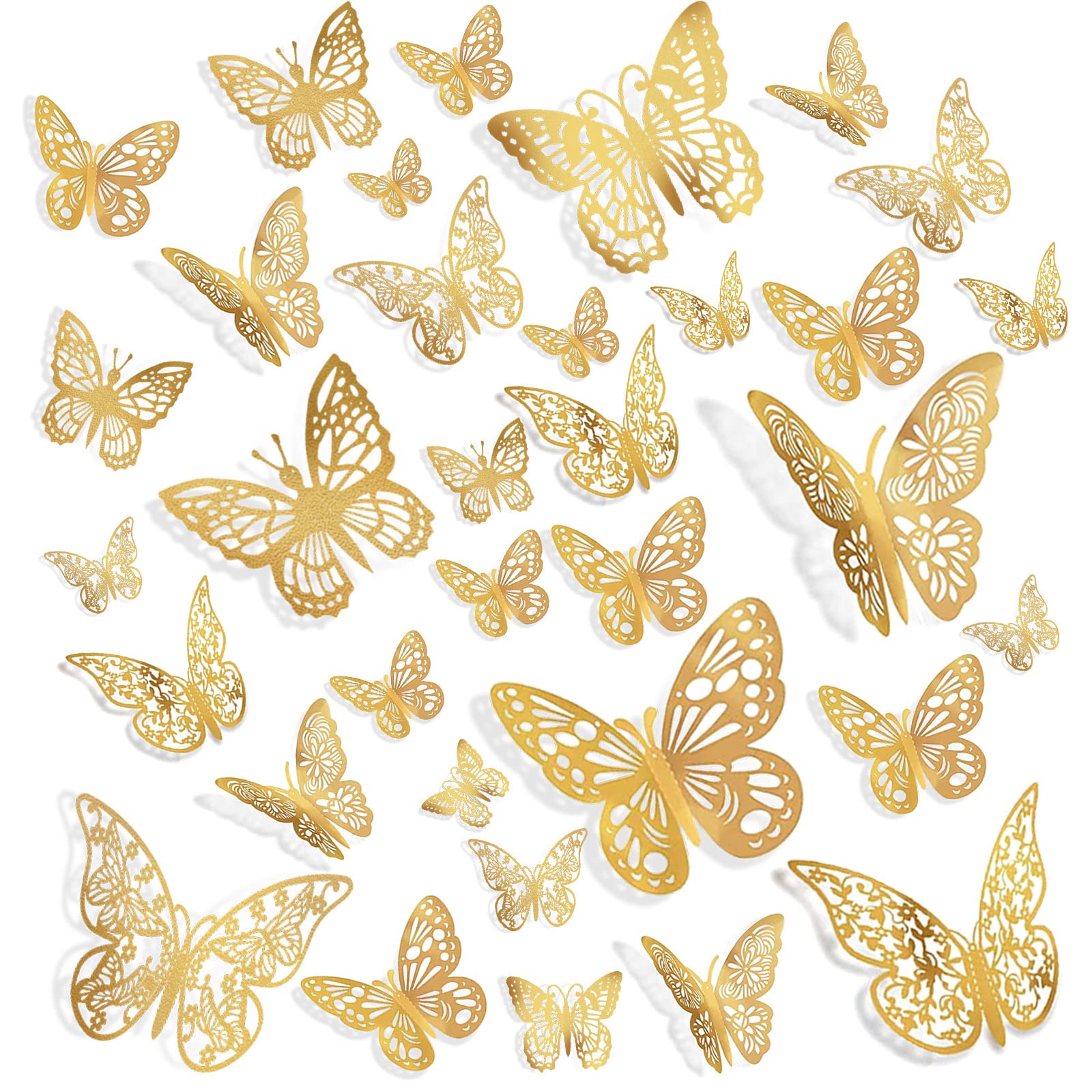 144 Pcs Gold Butterfly Wall Decor, Butterfly Cake Toppers 3D Butterfly Stickers 6 Styles and 3 Sizes, Removable Mural Stickers Decorative Butterflies Metallic Butterfly Decorations for Walls