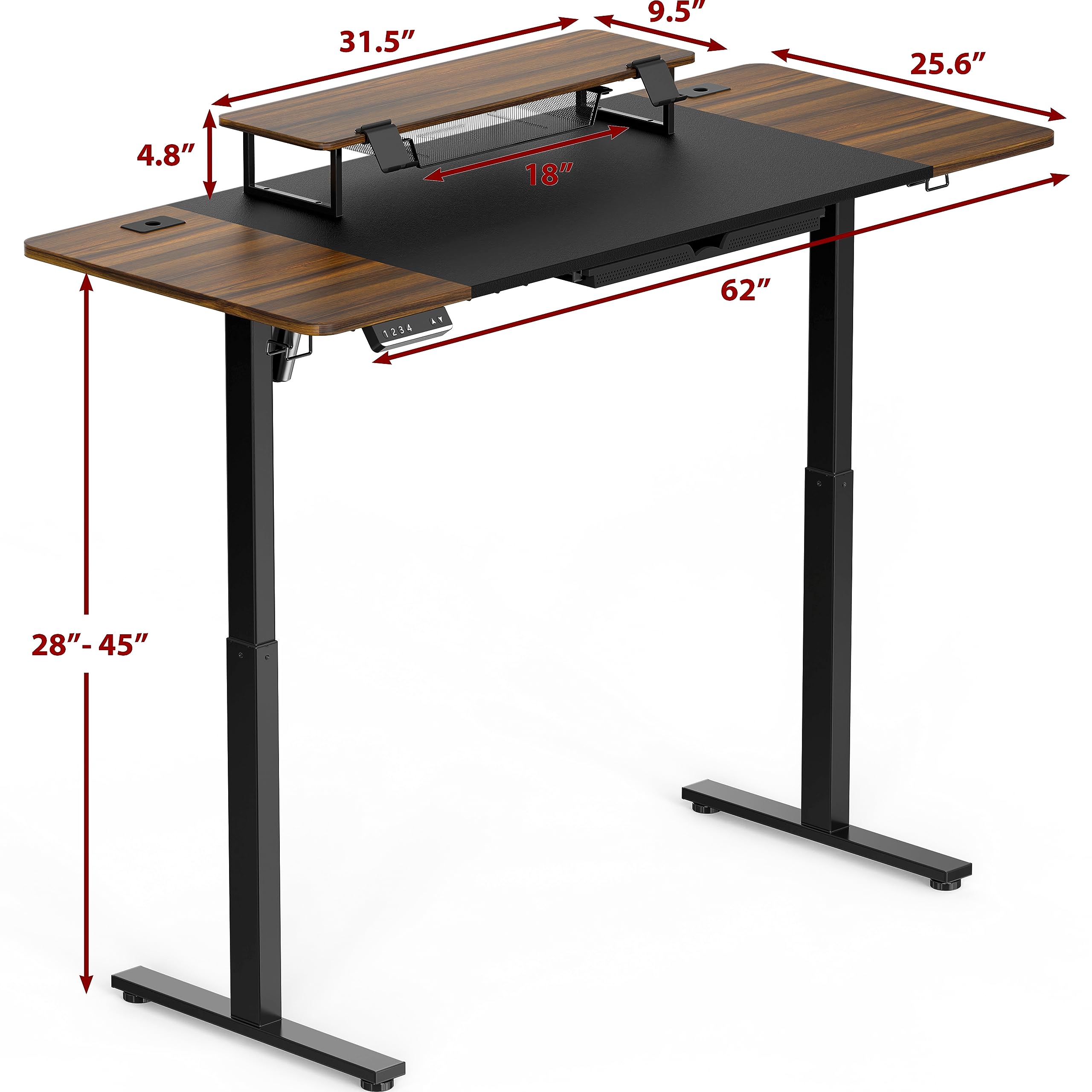 SHW 62-Inch Extra Large Electric Height Adjustable Standing Desk with Monitor Riser and Drawer, 62 x 28 Inches, Walnut