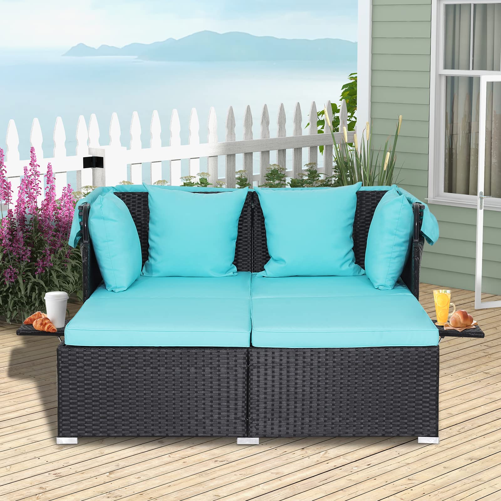 RELAX4LIFE Patio Outdoor Daybed with Canopy, Wicker Sunbed w/Cushions, 4 Pillows & 2 Retractable Side Trays, 2-Person Lounge Bed Conversation for Poolside Porch Garden, Rattan Outdoor Bed (Turquoise)