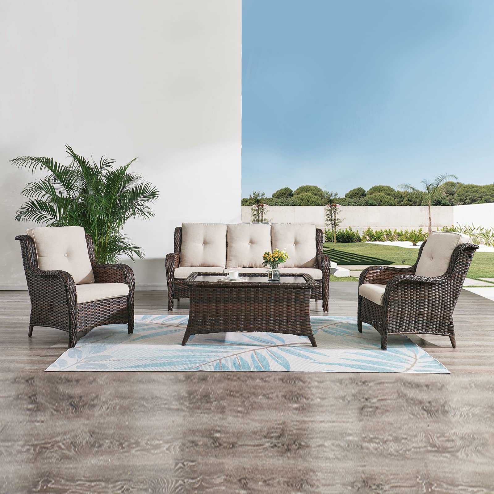 HUMMUH Outdoor Furniture 4 Pieces Patio Furniture Set Wicker Outdoor Sectional Sofa with 2 Patio Chairs,Coffee Table(Grey/Grey)