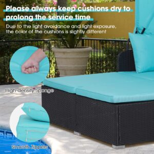 RELAX4LIFE Patio Outdoor Daybed with Canopy, Wicker Sunbed w/Cushions, 4 Pillows & 2 Retractable Side Trays, 2-Person Lounge Bed Conversation for Poolside Porch Garden, Rattan Outdoor Bed (Turquoise)