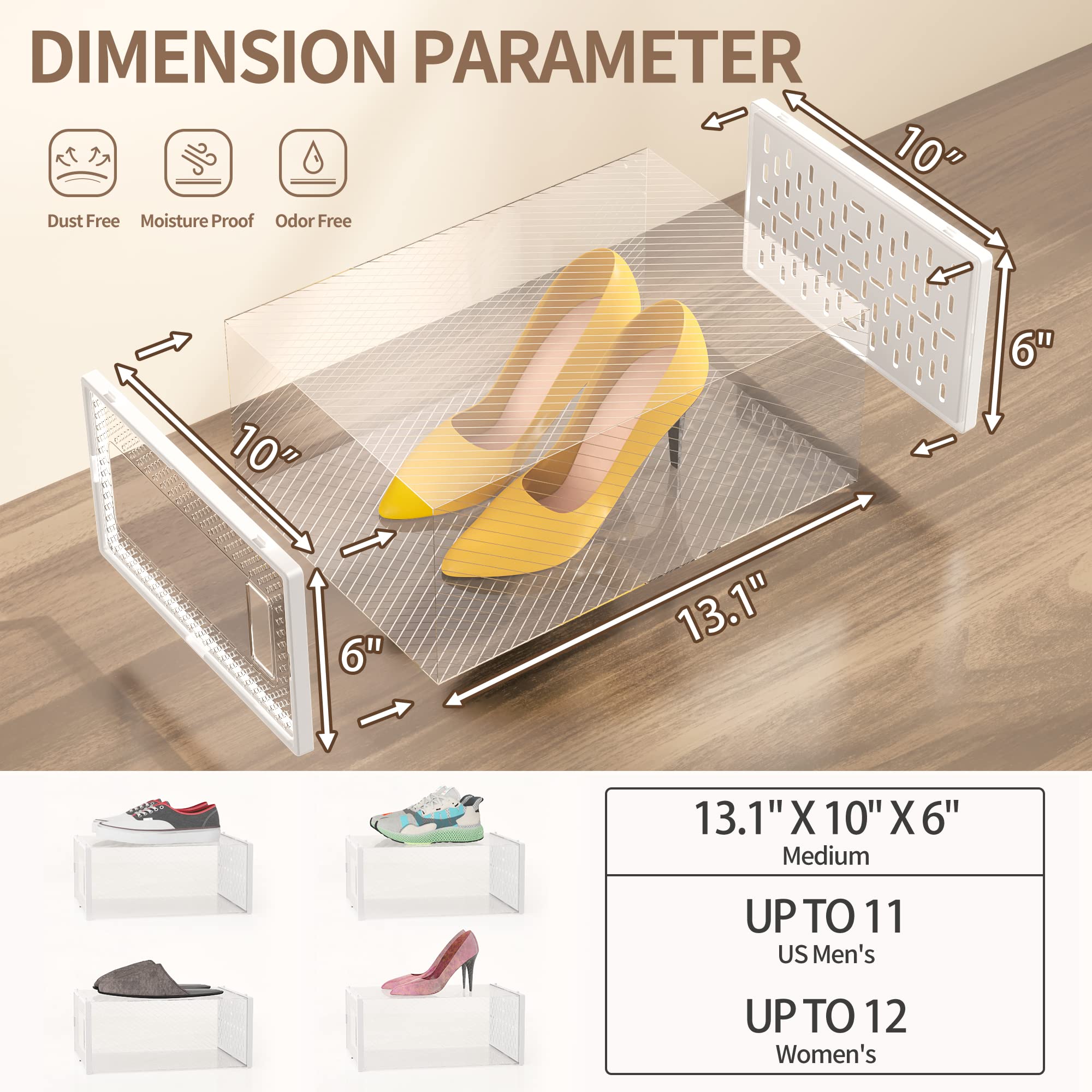GTMOON Large Shoe Storage Boxes, 12 Pack Shoe Boxes Clear Plastic Stackable, Shoe Organizer Box for Closet, Stackable Sneaker Containers Case Bins with Lids, Great Alternative to Shoe Racks, White