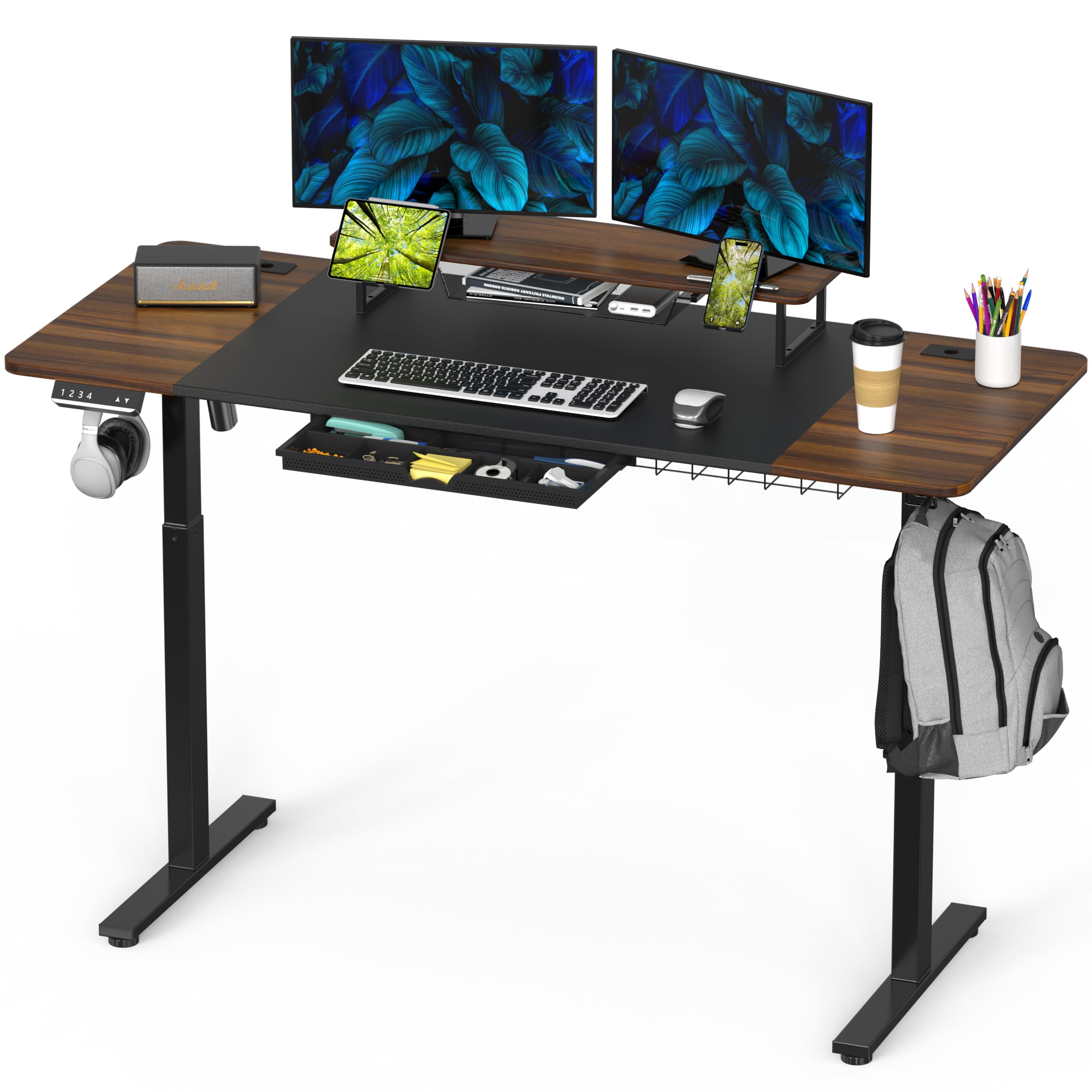 SHW 62-Inch Extra Large Electric Height Adjustable Standing Desk with Monitor Riser and Drawer, 62 x 28 Inches, Walnut