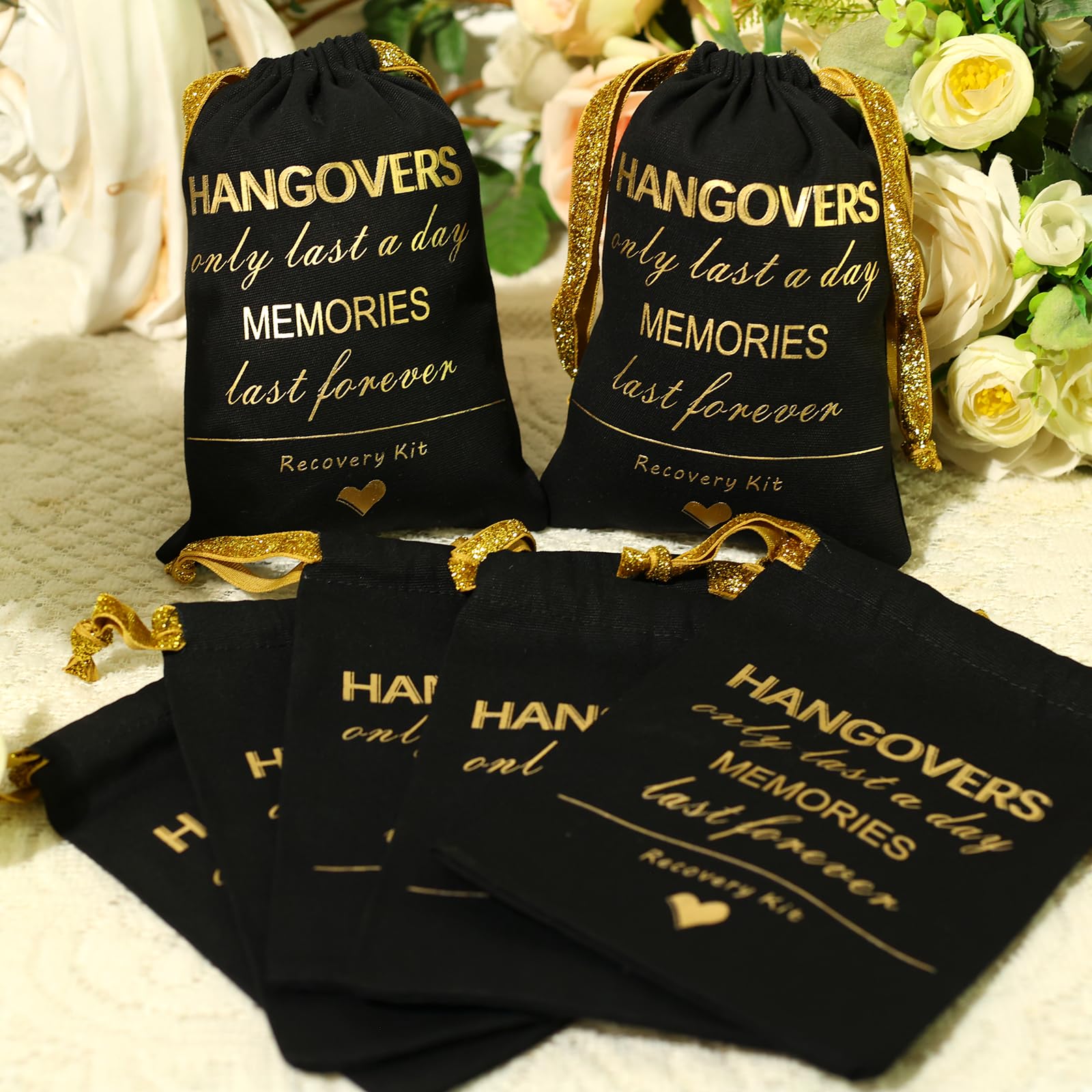 SHERWAY Gold Foil Wedding Bachelorettes Hangover Kit Bags Drawstring Bags, Wedding Bridal Shower Party Favor Bags for Bridesmaid Gift (10pcs, Black, 5 x 7 Inch)