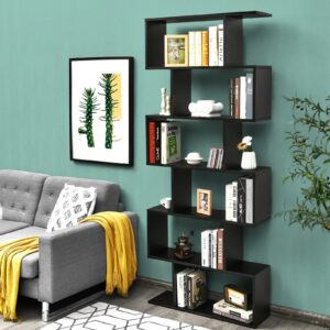 IFANNY 6 Tier Bookshelf, S Shaped Bookcase w/Staggered Storage Shelves, Display Shelf and Room Divider, Librero para Habitacion, Book Shelf for Bedroom, Living Room, Home Office (Black)