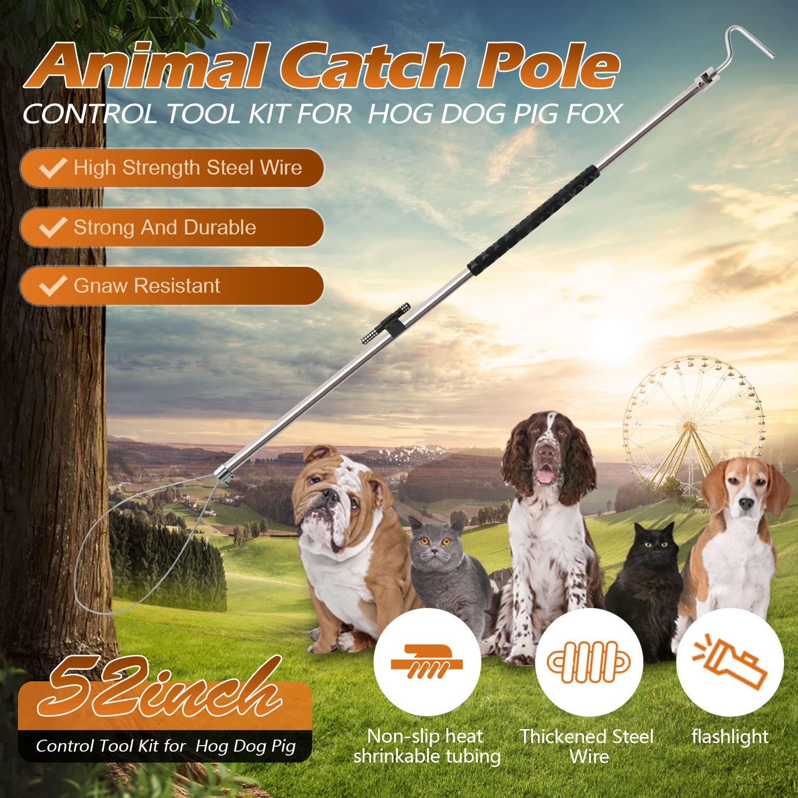 Dog Catcher Pole Animal Catch Pole Control Tool Trap Kit for Dogs, Pig, Fox, Hog and Other Wildlife Catching - 52inch with Flashlight