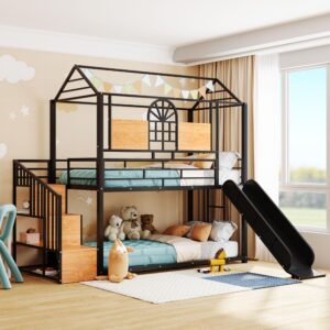 kivenjaja house bunk bed twin over twin, metal bunkbeds frame with slide, stairs and guardrails for kids teens girls boys toddlers, no box spring needed, black