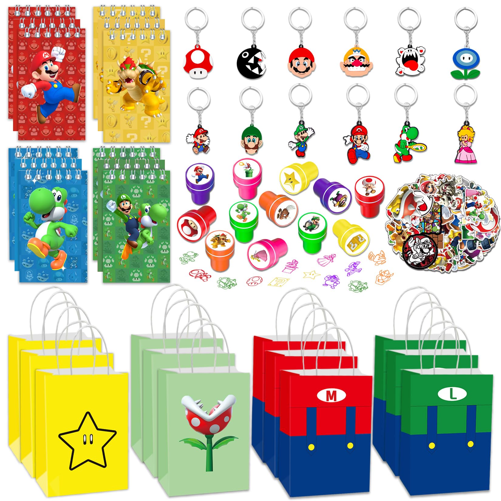 Mario Birthday Party Favors, 98 Pcs Mario Party Decorations Supplies include Mario Gift Bags, Stamps, Mini Notebooks, Keychains, Stickers Best Gift Bag Filler for Themed Party.