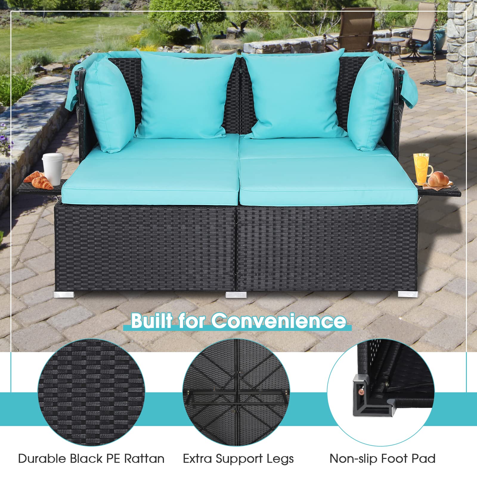 RELAX4LIFE Patio Outdoor Daybed with Canopy, Wicker Sunbed w/Cushions, 4 Pillows & 2 Retractable Side Trays, 2-Person Lounge Bed Conversation for Poolside Porch Garden, Rattan Outdoor Bed (Turquoise)