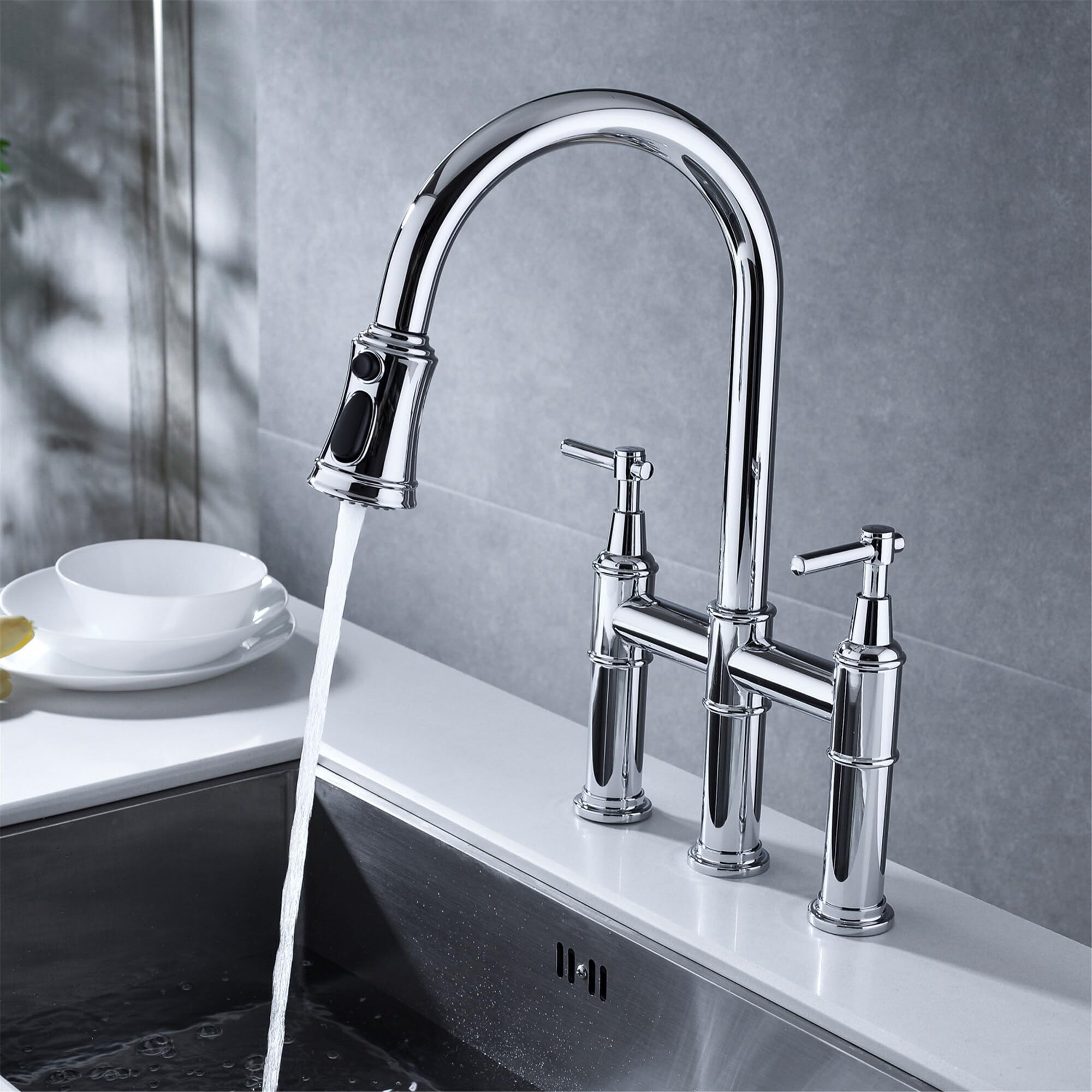 Bridge Kitchen Faucet with Pull-Down Sprayhead Chrome Chrome Finish