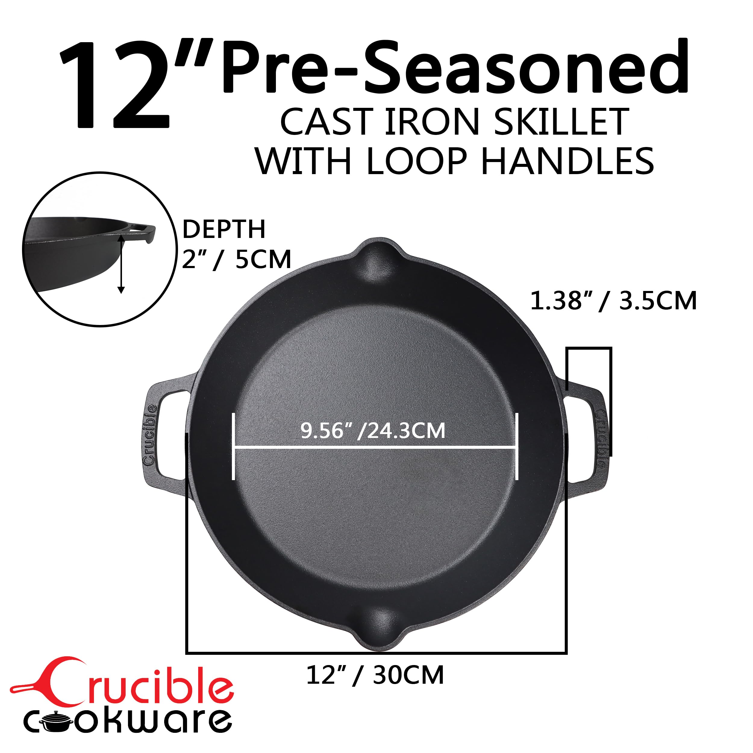 Cast Iron Skillet - 12"-Inch Dual Loop Handle Frying Pans + Silicone Handle Holder Covers - Oven Safe Cookware - Indoor/Outdoor Use - Use on any Stovetop, Grill, Induction Safe