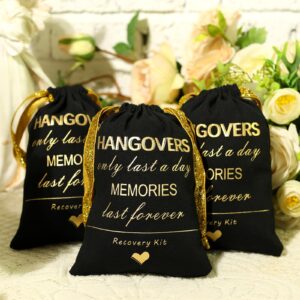 SHERWAY Gold Foil Wedding Bachelorettes Hangover Kit Bags Drawstring Bags, Wedding Bridal Shower Party Favor Bags for Bridesmaid Gift (10pcs, Black, 5 x 7 Inch)