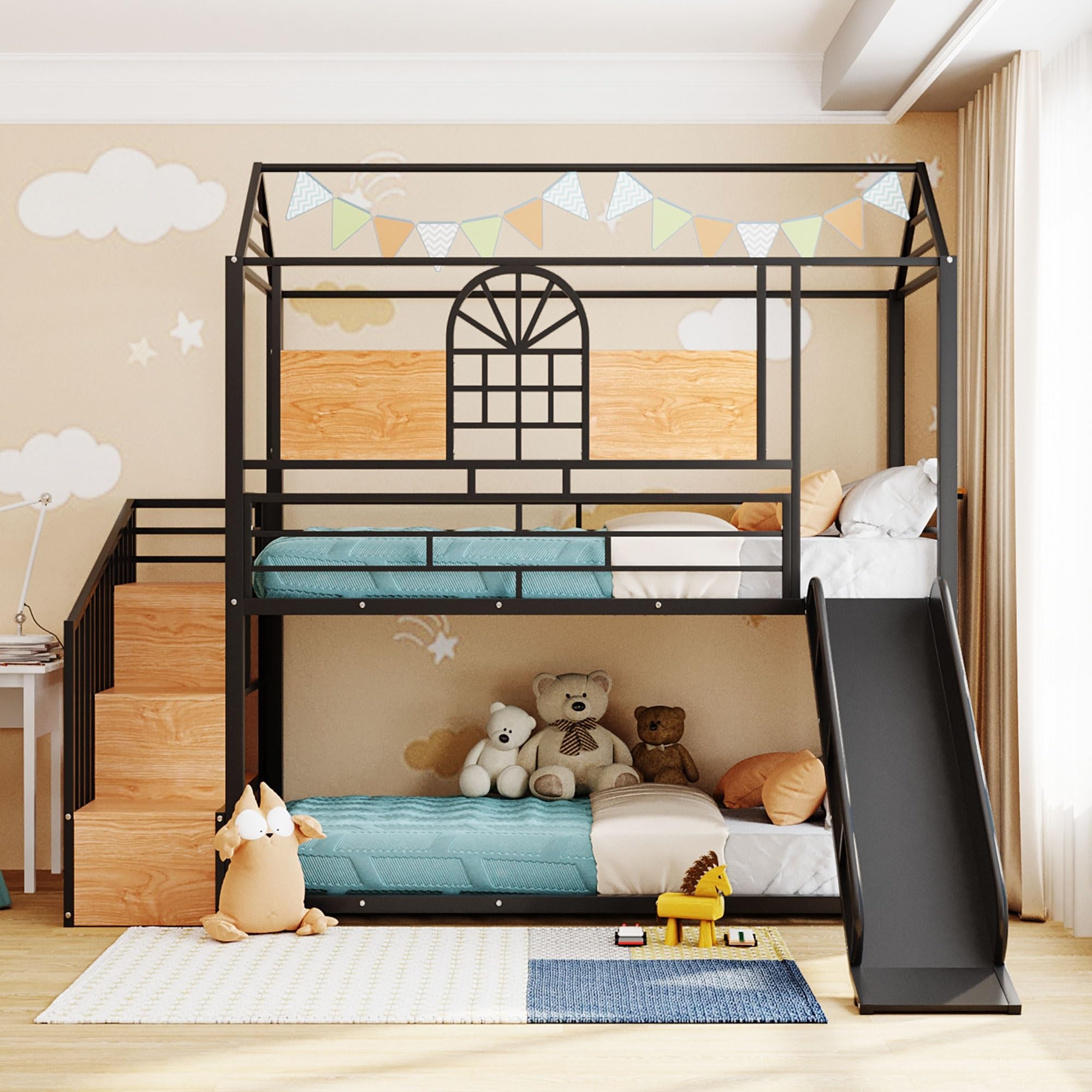 KIVENJAJA House Bunk Bed Twin Over Twin, Metal Bunkbeds Frame with Slide, Stairs and Guardrails for Kids Teens Girls Boys Toddlers, No Box Spring Needed, Black