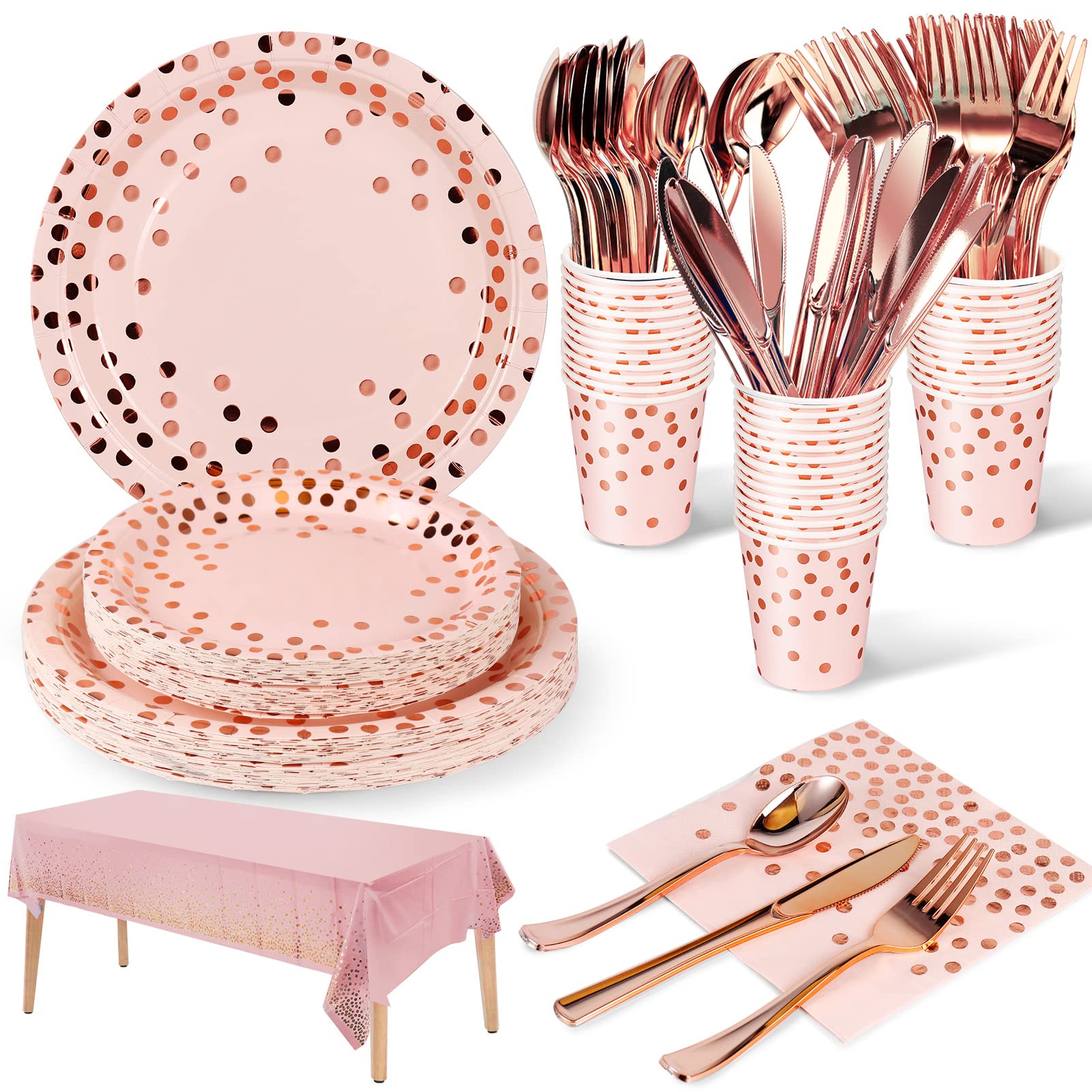 Nkaiso 141 Pieces Pink and Rose Gold Party Supplies, Party Dinnerware Sets Include Paper Plates Napkins Cups Silverware, for Wedding Bridal Shower Engagement Birthday Parties Decoration -20 Serves