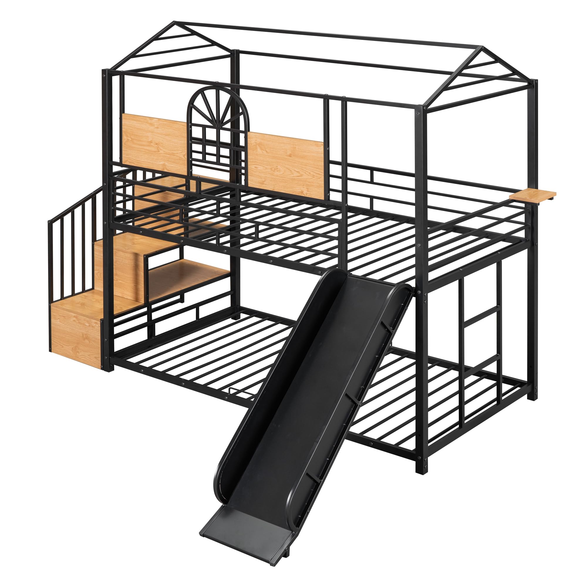 KIVENJAJA House Bunk Bed Twin Over Twin, Metal Bunkbeds Frame with Slide, Stairs and Guardrails for Kids Teens Girls Boys Toddlers, No Box Spring Needed, Black