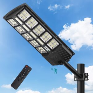 lovus 2 pack 3000w commercial solar street lights, 6000k dusk to dawn solar flood light with motion sensor, outdoor solar parking lot lights ip67 waterproof for courtyards, playground, st5-107-2