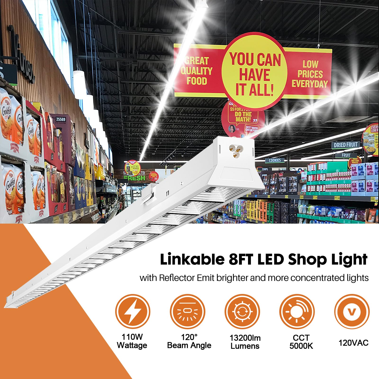 FAITHSAIL 8FT LED Shop Lights with Reflector, Linkable 96'' LED Strip Light, 110W 13200LM [8 Fluorescent Equiv] 5000K, 8 Foot Warehouse Garage Light Fixture, 3000KW*5/Year(5Hrs/Day), 1 Pack