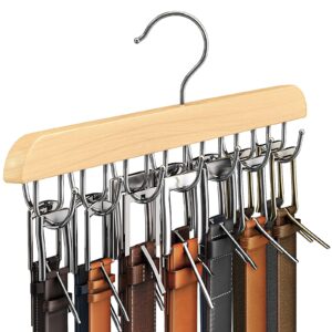 resovo belt hanger for closet, sturdy wood belt rack closet accessories with 14 hooks belt organizer for closet organizers and storage max 42 belts-wood 1 pack