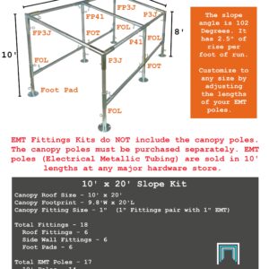 10' x 20' Slope, Lean-to Canopy Fittings Kits, DIY Metal Carport Frame Parts, 1" EMT