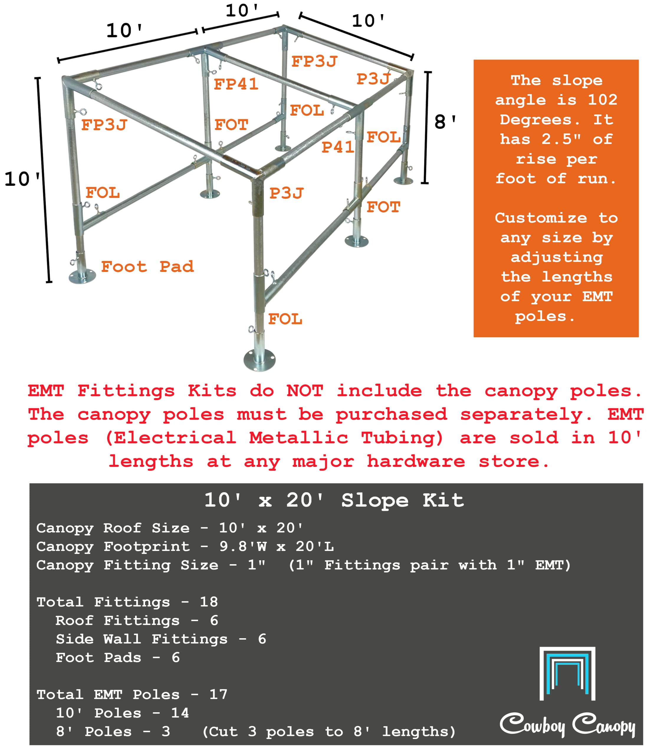 10' x 20' Slope, Lean-to Canopy Fittings Kits, DIY Metal Carport Frame Parts, 1" EMT