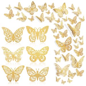 144 pcs gold butterfly wall decor, butterfly cake toppers 3d butterfly stickers 6 styles and 3 sizes, removable mural stickers decorative butterflies metallic butterfly decorations for walls