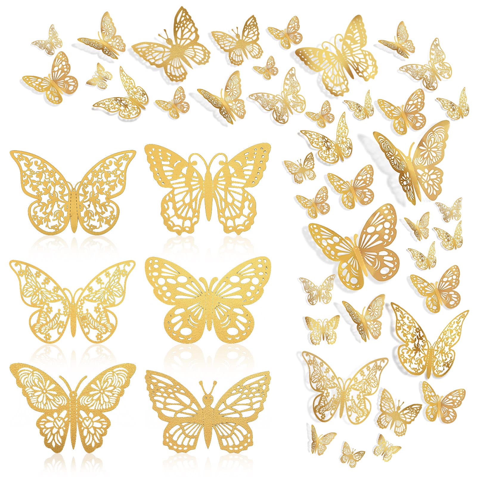 144 Pcs Gold Butterfly Wall Decor, Butterfly Cake Toppers 3D Butterfly Stickers 6 Styles and 3 Sizes, Removable Mural Stickers Decorative Butterflies Metallic Butterfly Decorations for Walls