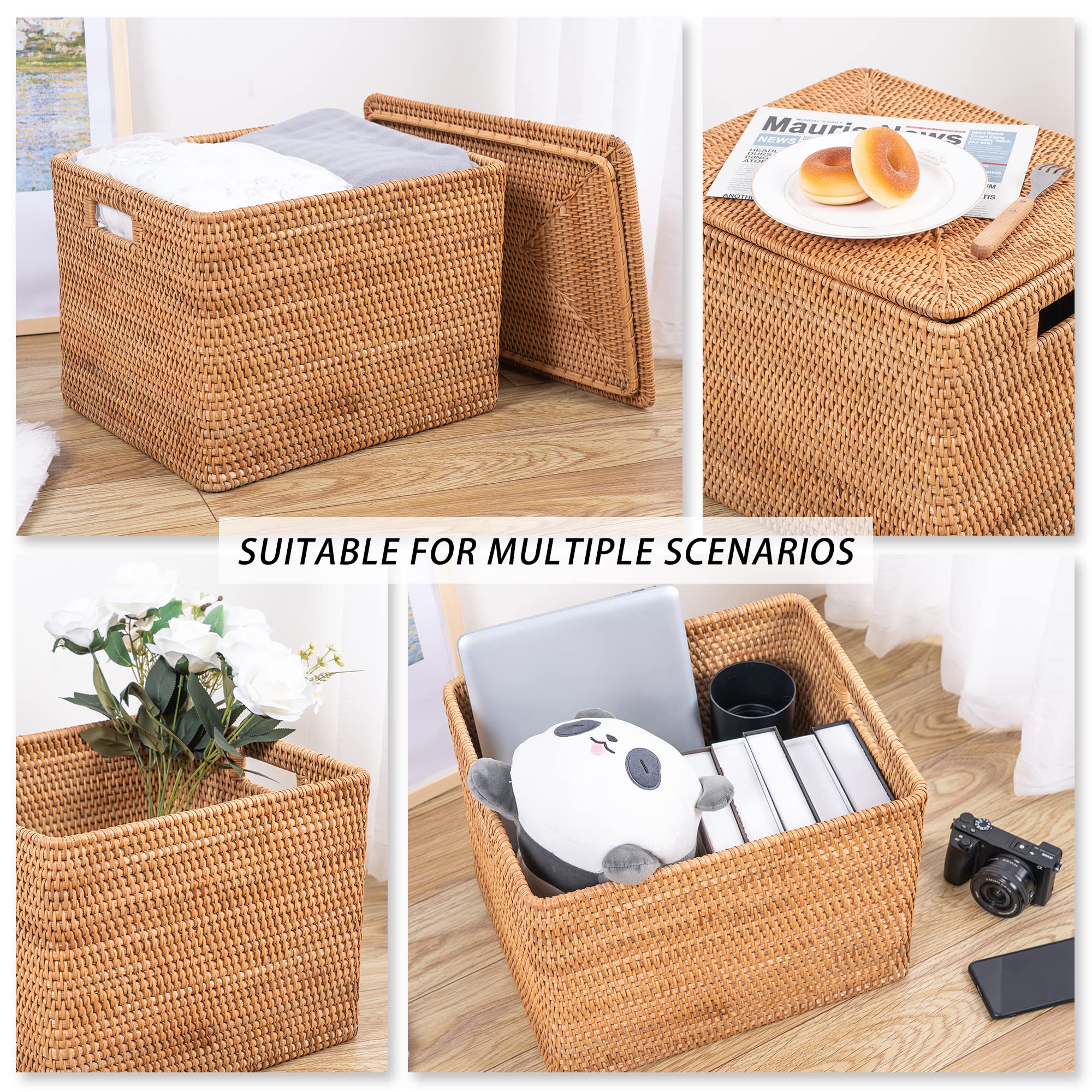 FIYAMMY Rattan Basket With Lid, Large Lidded Basket For Storage Rattan Box(15.7" L×13"W×11.8"H)