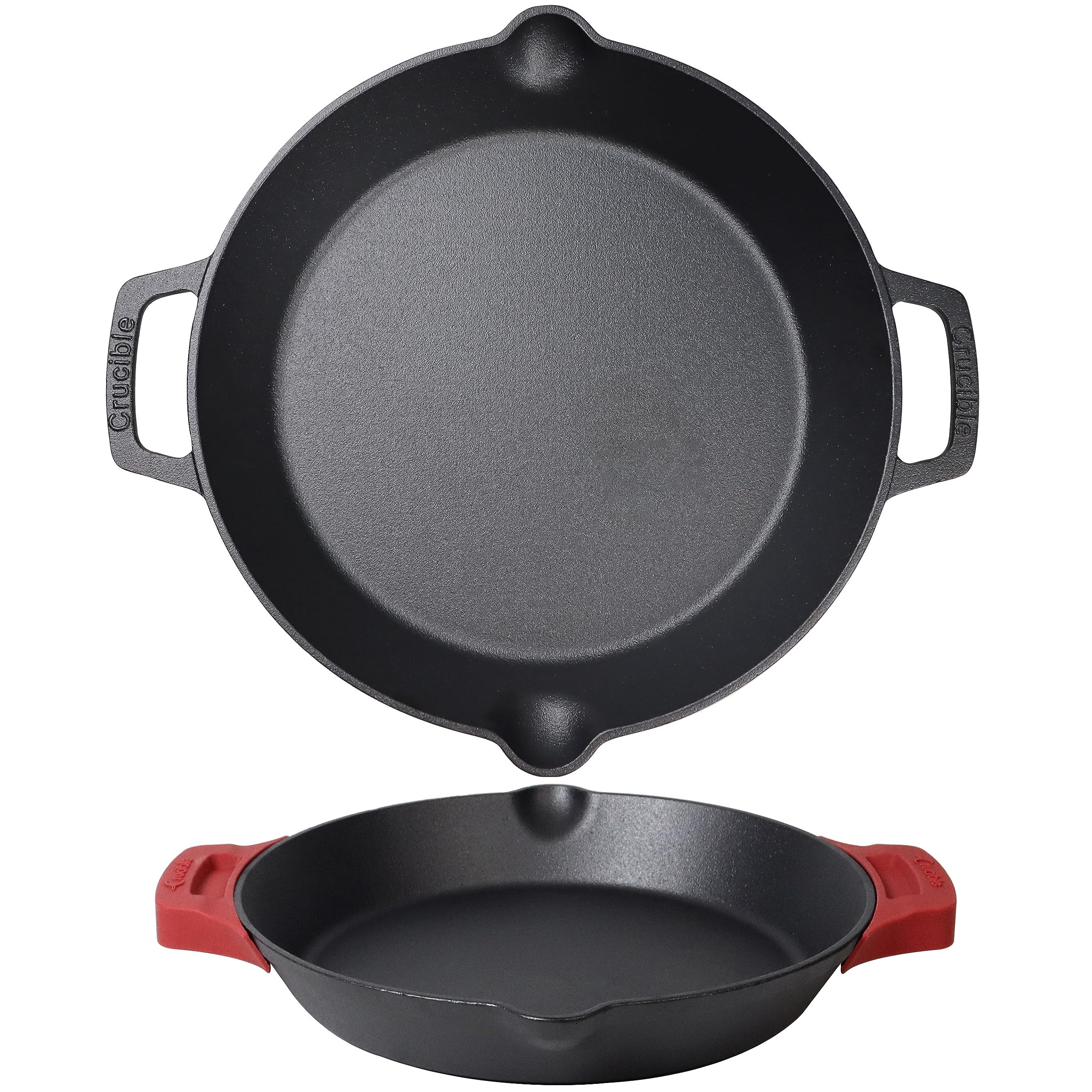 Cast Iron Skillet - 12"-Inch Dual Loop Handle Frying Pans + Silicone Handle Holder Covers - Oven Safe Cookware - Indoor/Outdoor Use - Use on any Stovetop, Grill, Induction Safe