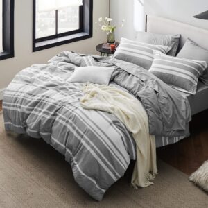 Bedsure Queen 7 Pieces Grey White Striped Queen Bed Set Bundle Cotton Mattress Pad Queen Size