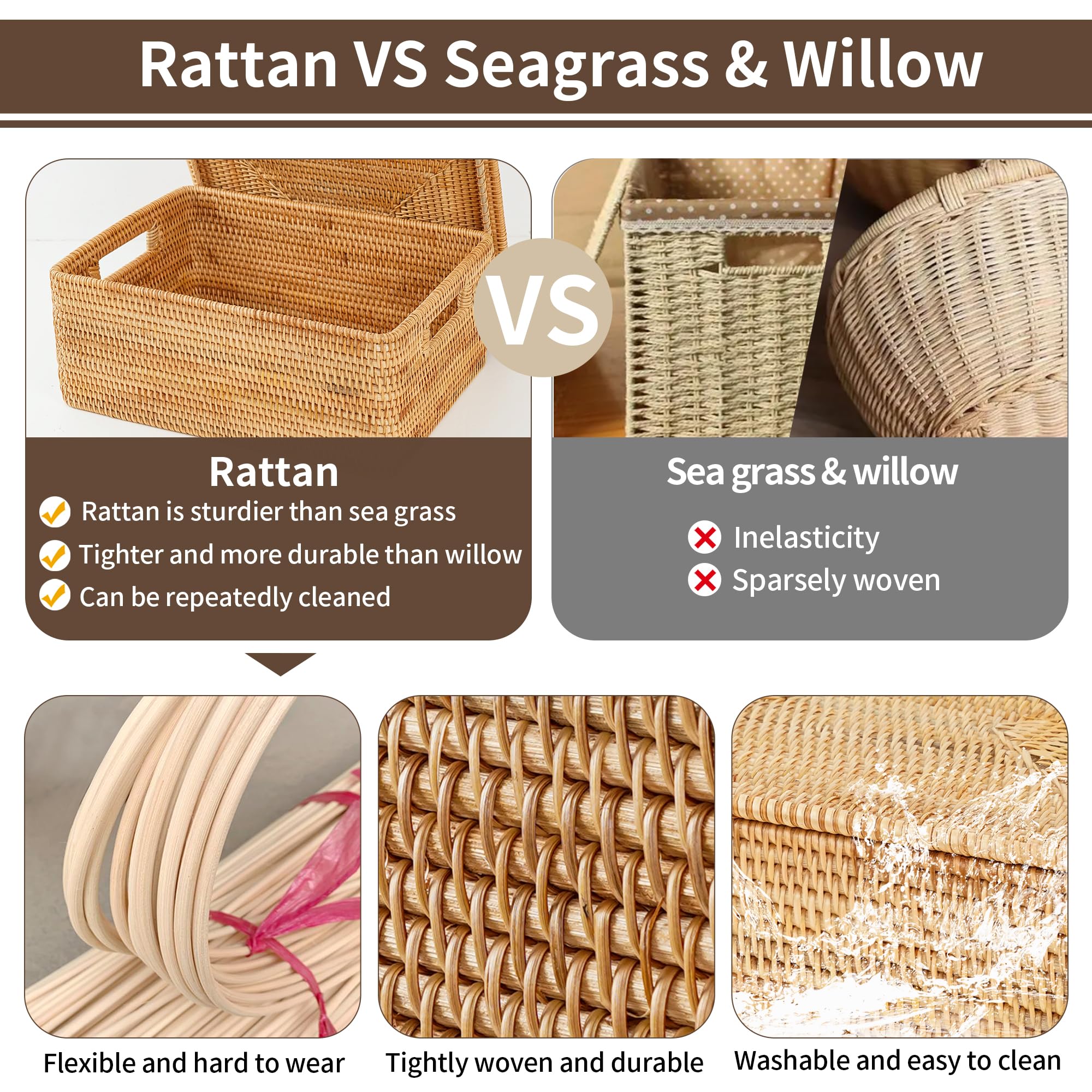 FIYAMMY Rattan Basket With Lid, Large Lidded Basket For Storage Rattan Box(15.7" L×13"W×11.8"H)