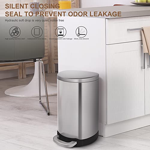 Veelesa 1.6 Gal/6 Liter Stainless Steel Semi-Round Step-on Bathroom Office and Kitchen Trash Can